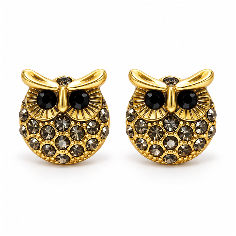 Midnight Wisdom Crystal Owl Stud Earrings on a white background
