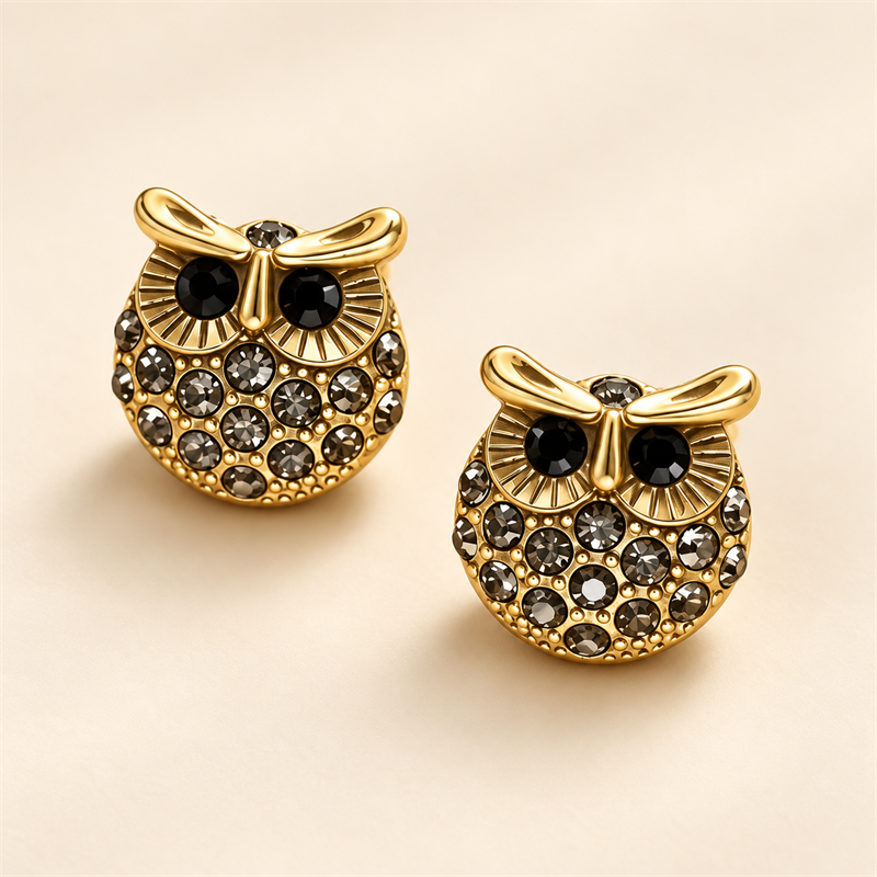 Midnight Wisdom Crystal Owl Stud Earrings on an ivory background