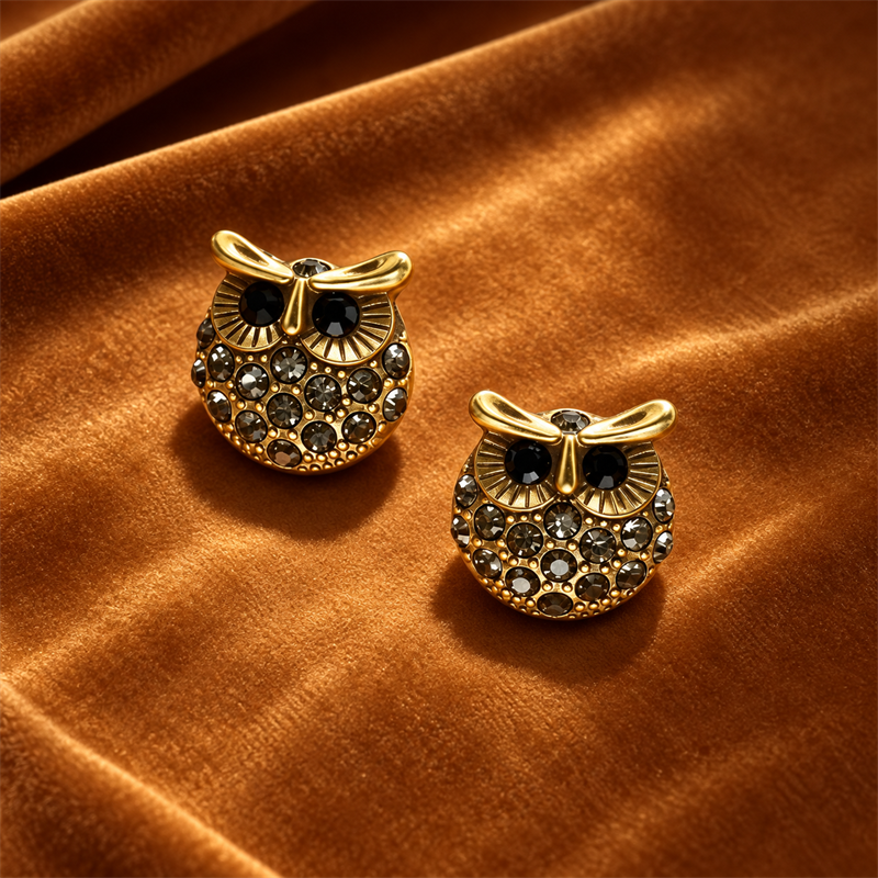 Midnight Wisdom Crystal Owl Stud Earrings on warm velvet