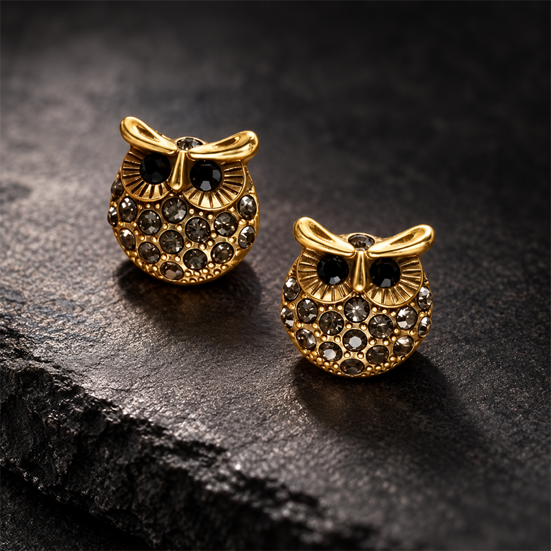 Midnight Wisdom Crystal Owl Stud Earrings on a dark background