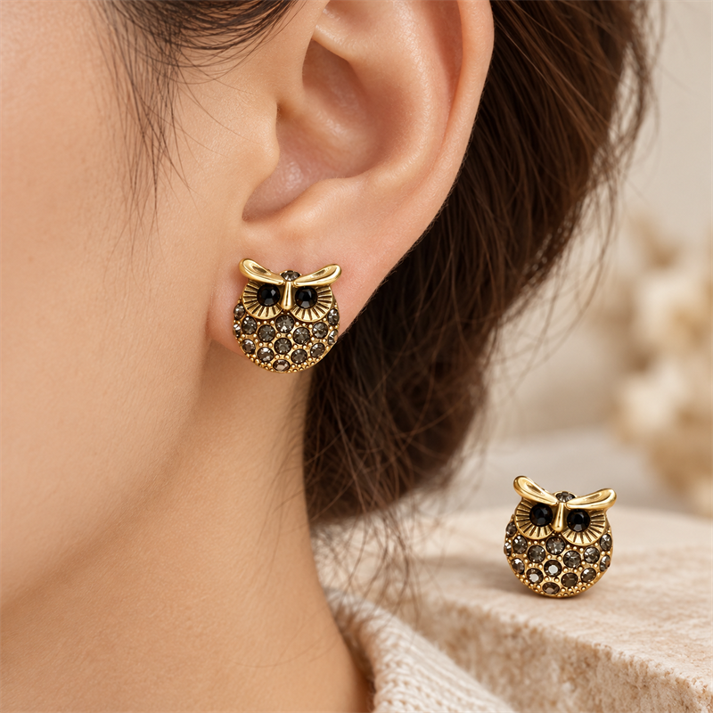 Midnight Wisdom Crystal Owl Stud Earrings worn on the ear