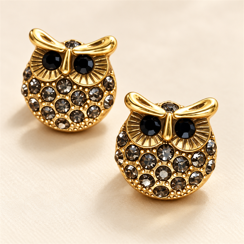 Close-up details of Midnight Wisdom Crystal Owl Stud Earrings