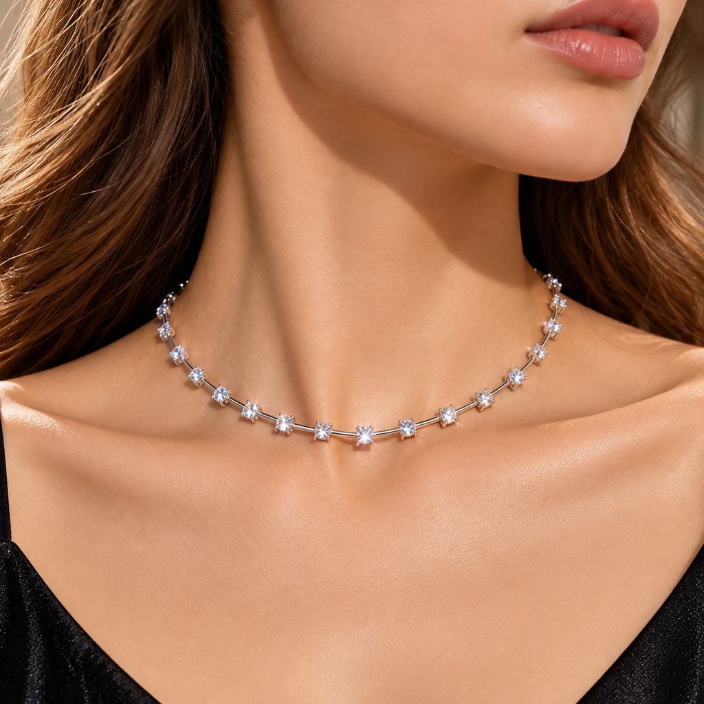Starlight Crystal Choker Necklace – Dainty Silver Sparkle Necklace