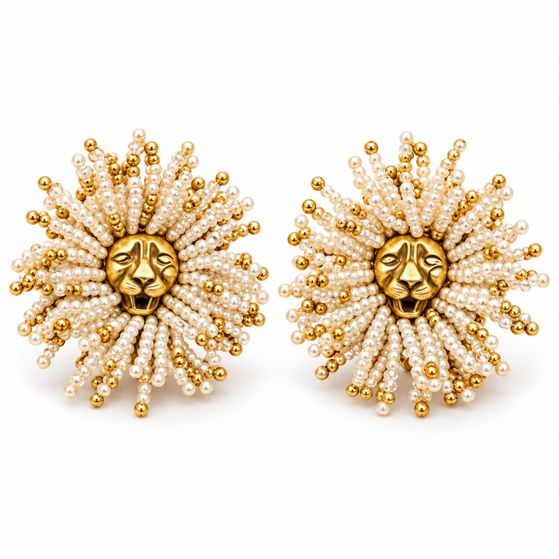 Golden Lion sunburst statement earrings on white background