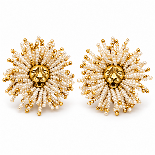 Golden Lion sunburst statement earrings on white background