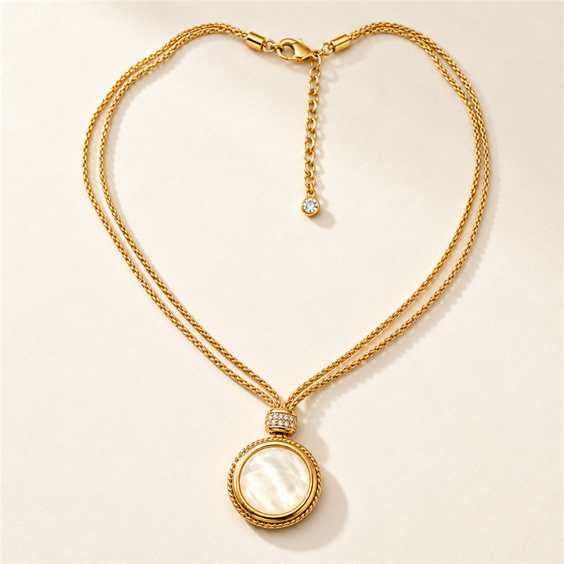 Ivory Glow round pendant necklace on ivory background