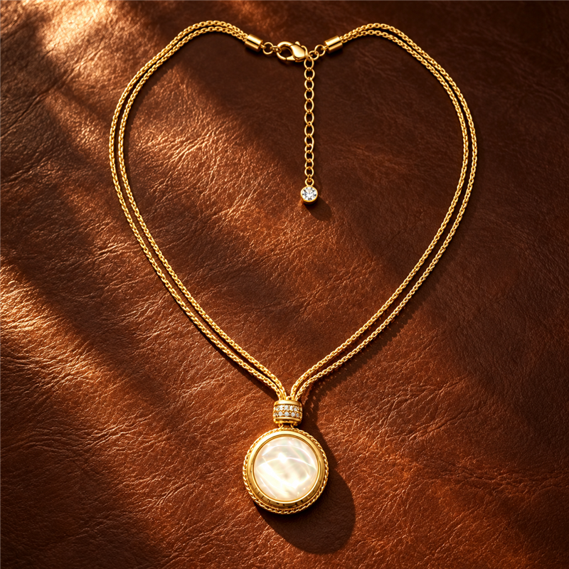 Ivory Glow round pendant necklace on brown leather