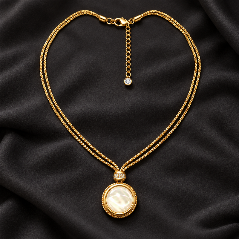 Ivory Glow round pendant necklace on charcoal fabric