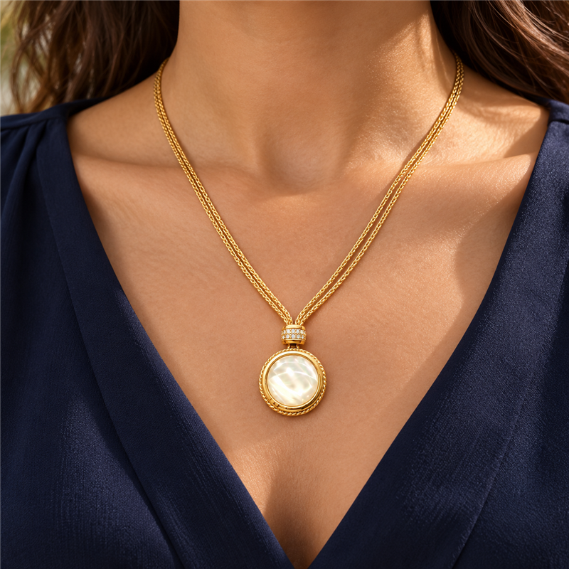 Ivory Glow round pendant necklace worn with navy blouse