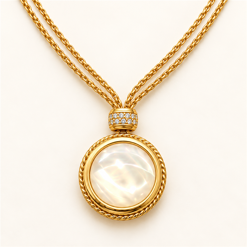 Close-up detail of Ivory Glow round pendant necklace
