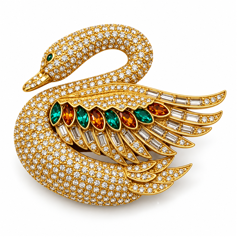 Jeweled swan statement brooch on white background