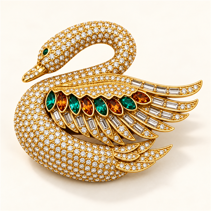 Jeweled swan statement brooch on ivory background