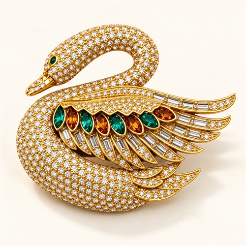 Jeweled swan statement brooch on ivory background