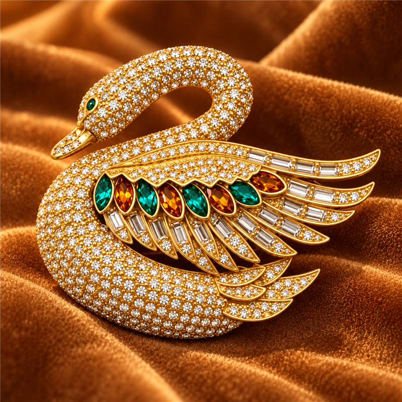 Jeweled swan statement brooch on caramel velvet