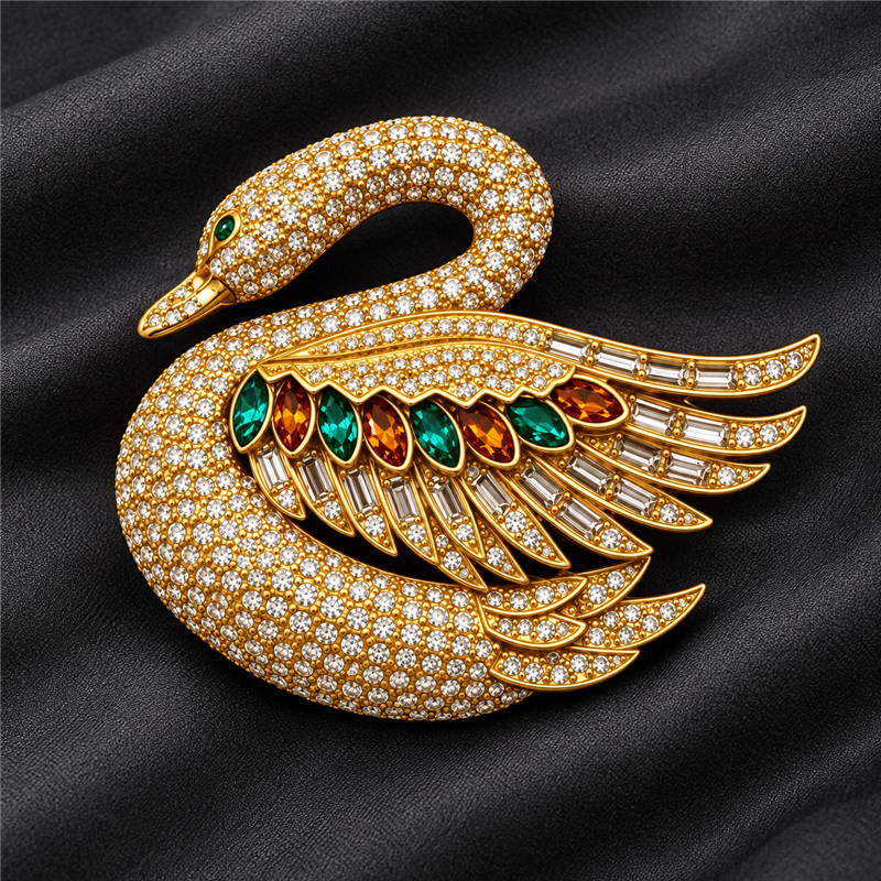 Jeweled swan statement brooch on charcoal fabric