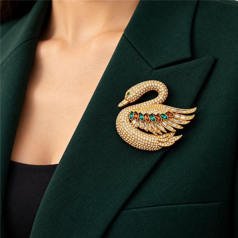 Jeweled swan statement brooch worn on green blazer lapel
