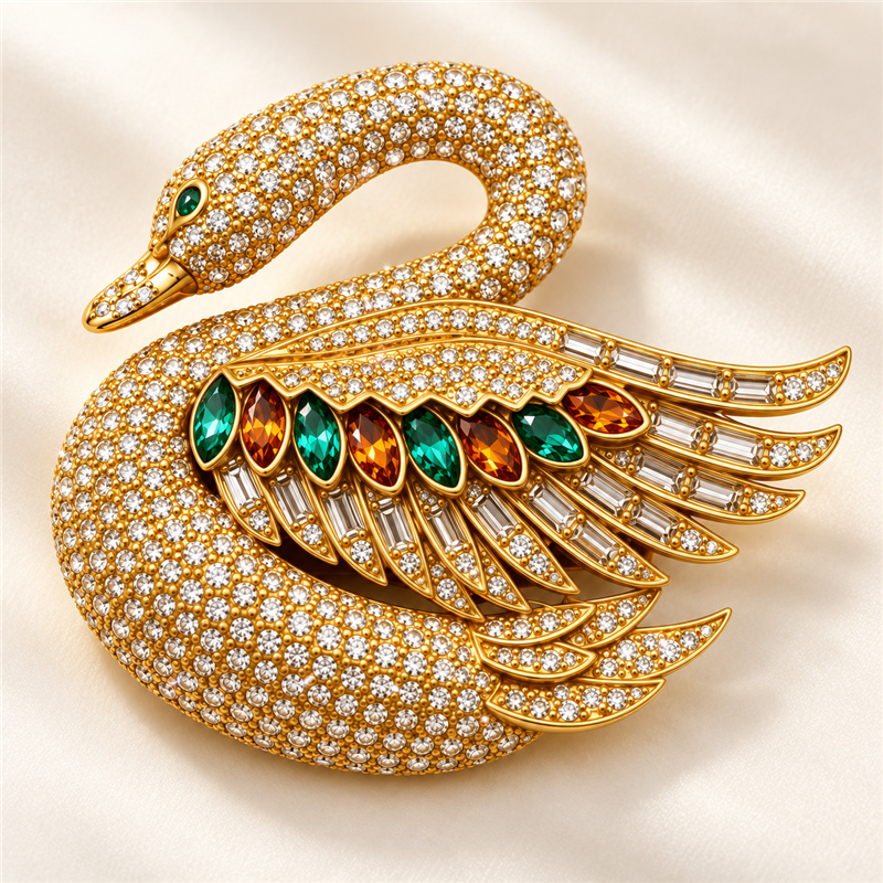 Close-up detail of jeweled swan statement brooch