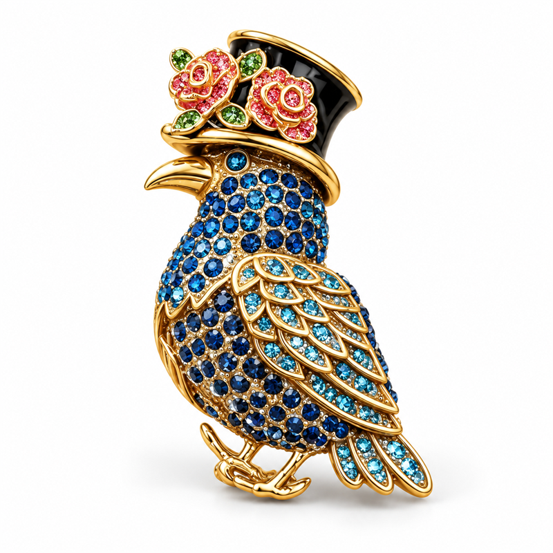 Midnight Rose crystal bird brooch on white background