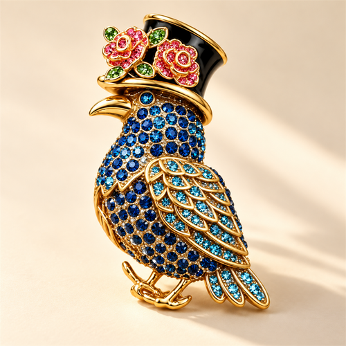 Midnight Rose crystal bird brooch on ivory background