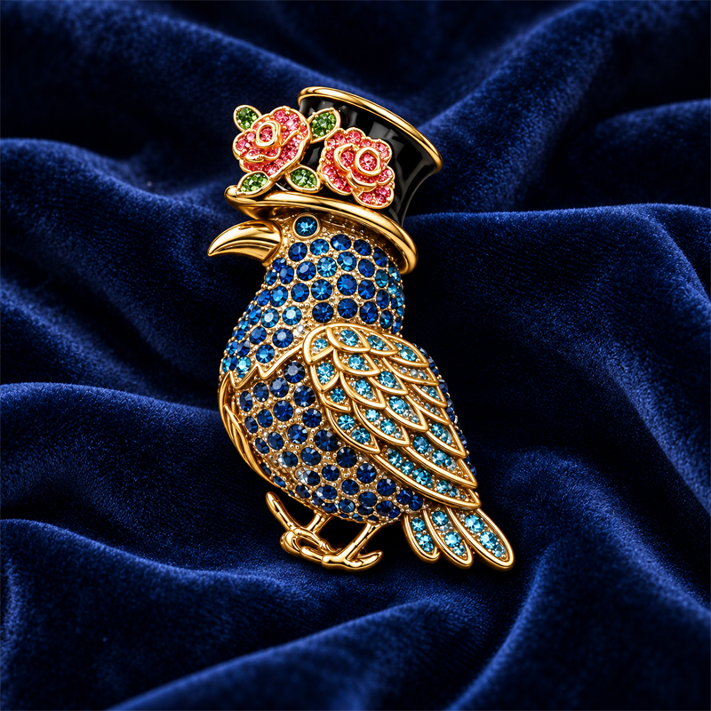 Midnight Rose crystal bird brooch on navy velvet