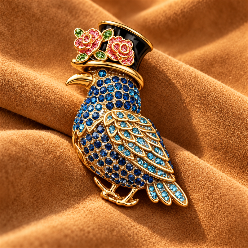 Midnight Rose crystal bird brooch on tan suede