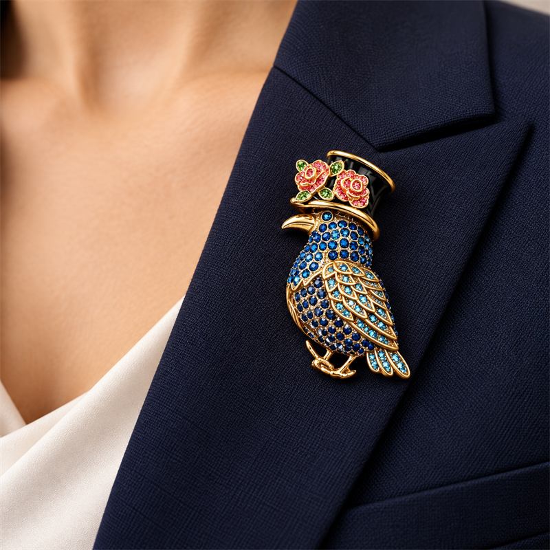 Midnight Rose crystal bird brooch worn on navy blazer lapel
