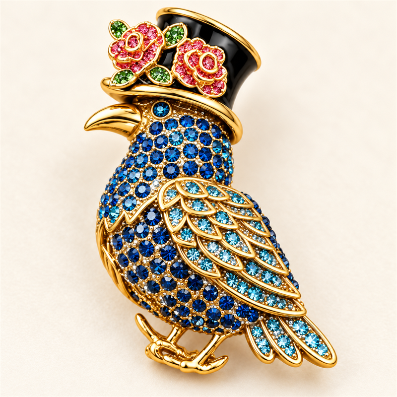 Close-up detail of Midnight Rose crystal bird brooch