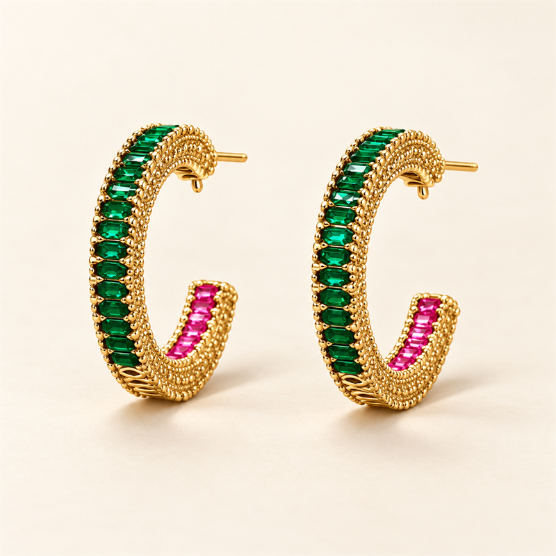 Verdant Flame Crystal C-Hoop Earrings on an ivory background
