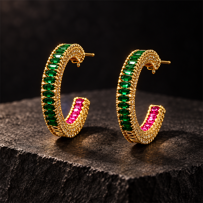 Verdant Flame Crystal C-Hoop Earrings on charcoal stone
