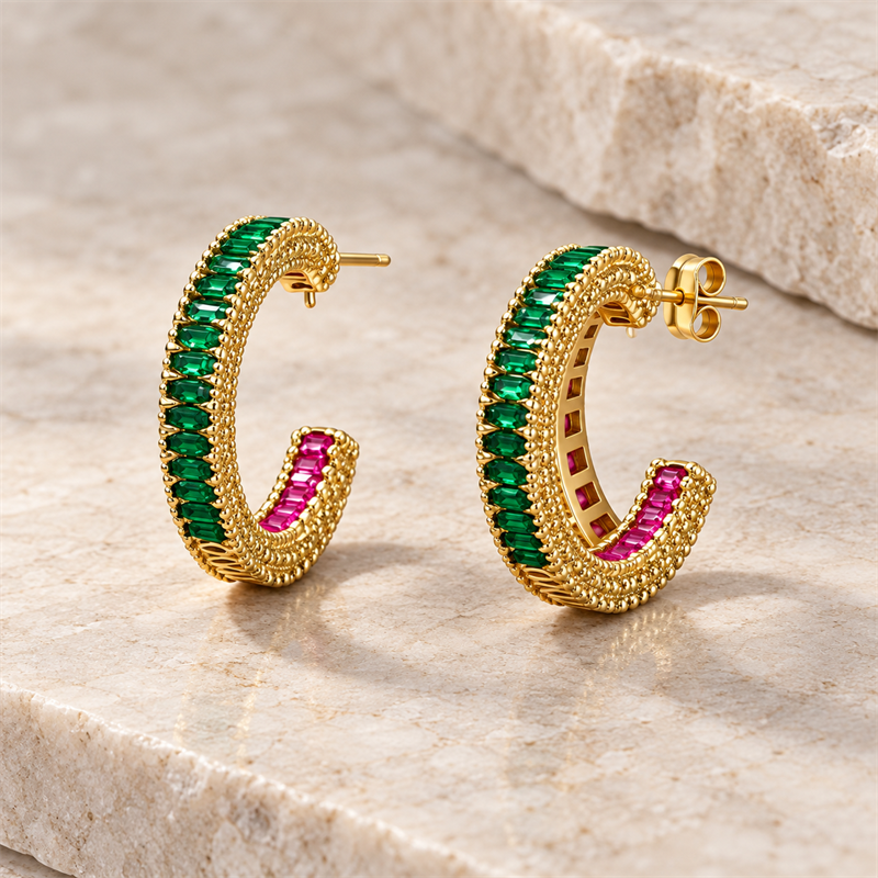Side and construction detail of Verdant Flame Crystal C-Hoop Earrings
