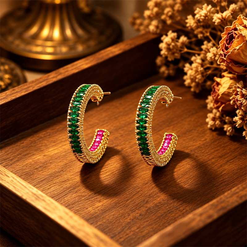 Verdant Flame Crystal C-Hoop Earrings styled on a walnut tray
