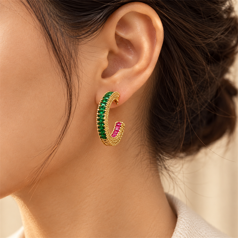 Verdant Flame Crystal C-Hoop Earring worn on the ear