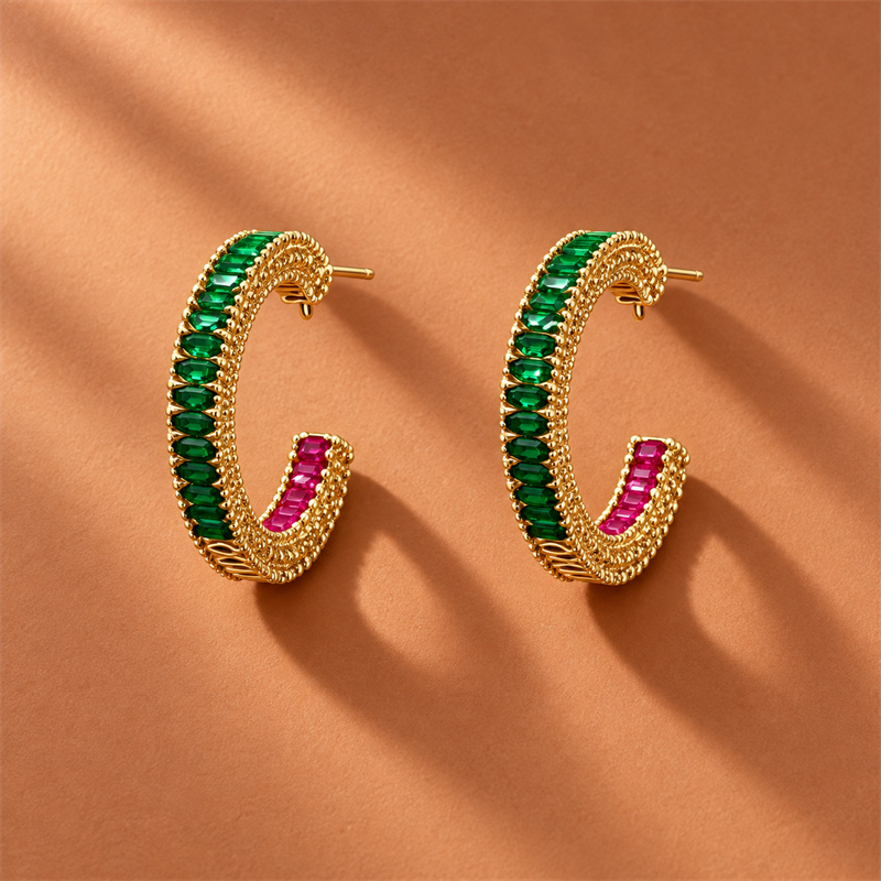 Verdant Flame Crystal C-Hoop Earrings on a terracotta background
