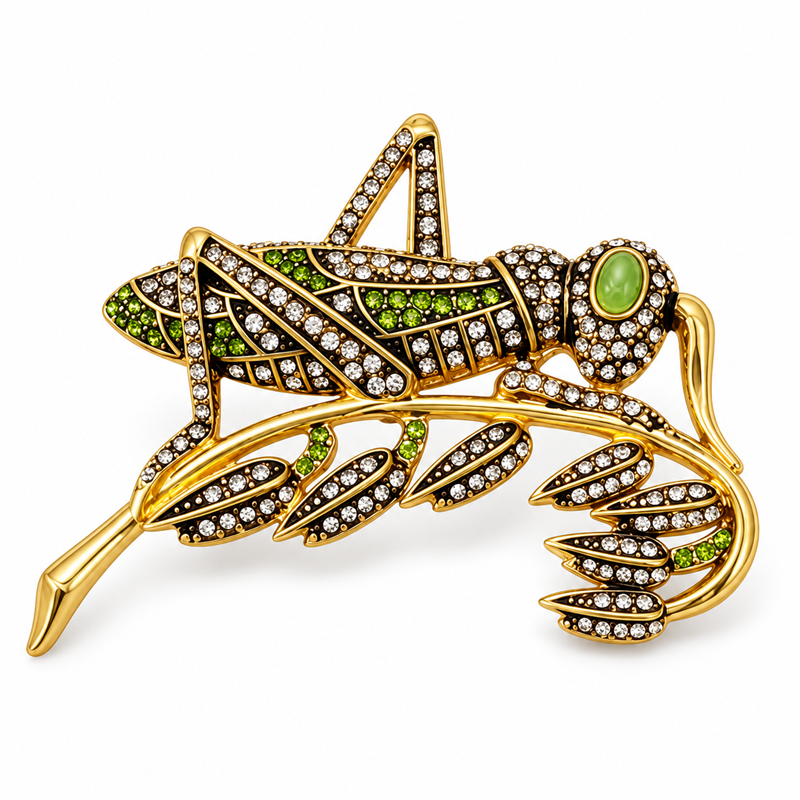 Verdant Muse crystal grasshopper brooch on white background