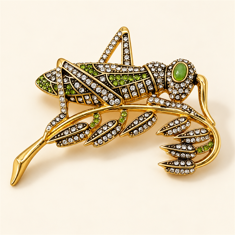 Verdant Muse crystal grasshopper brooch on warm ivory background
