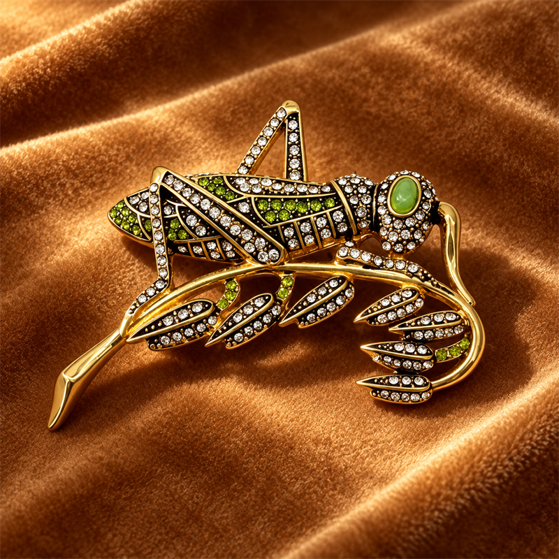 Verdant Muse crystal grasshopper brooch on caramel velvet