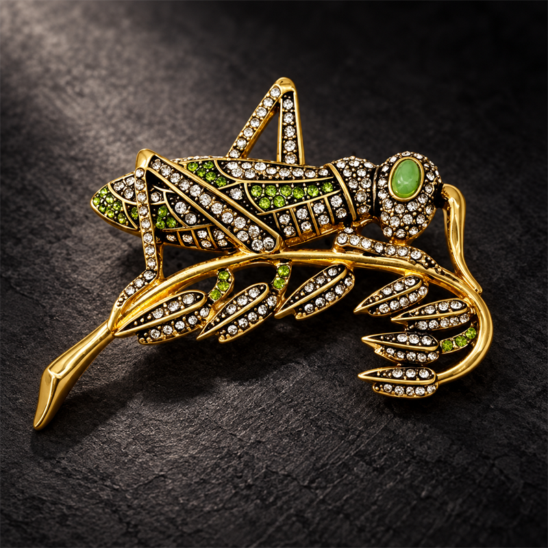 Verdant Muse crystal grasshopper brooch on dark luxury background