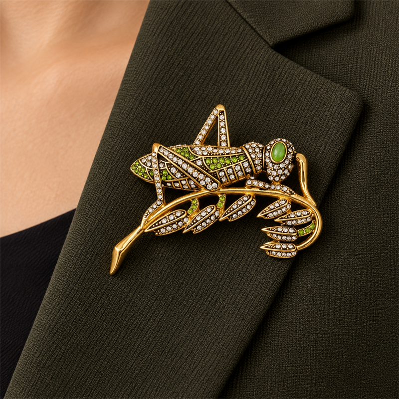 Verdant Muse crystal grasshopper brooch worn on an olive blazer lapel