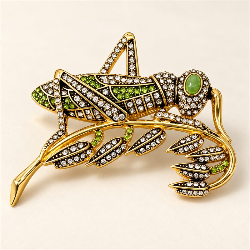 Close-up detail of Verdant Muse crystal grasshopper brooch